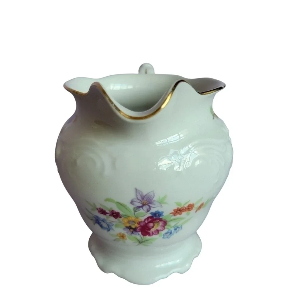 Walbrzych Poland White Embossed Floral Gold Rim‎ Creamer Cottage Vtg Tea Party